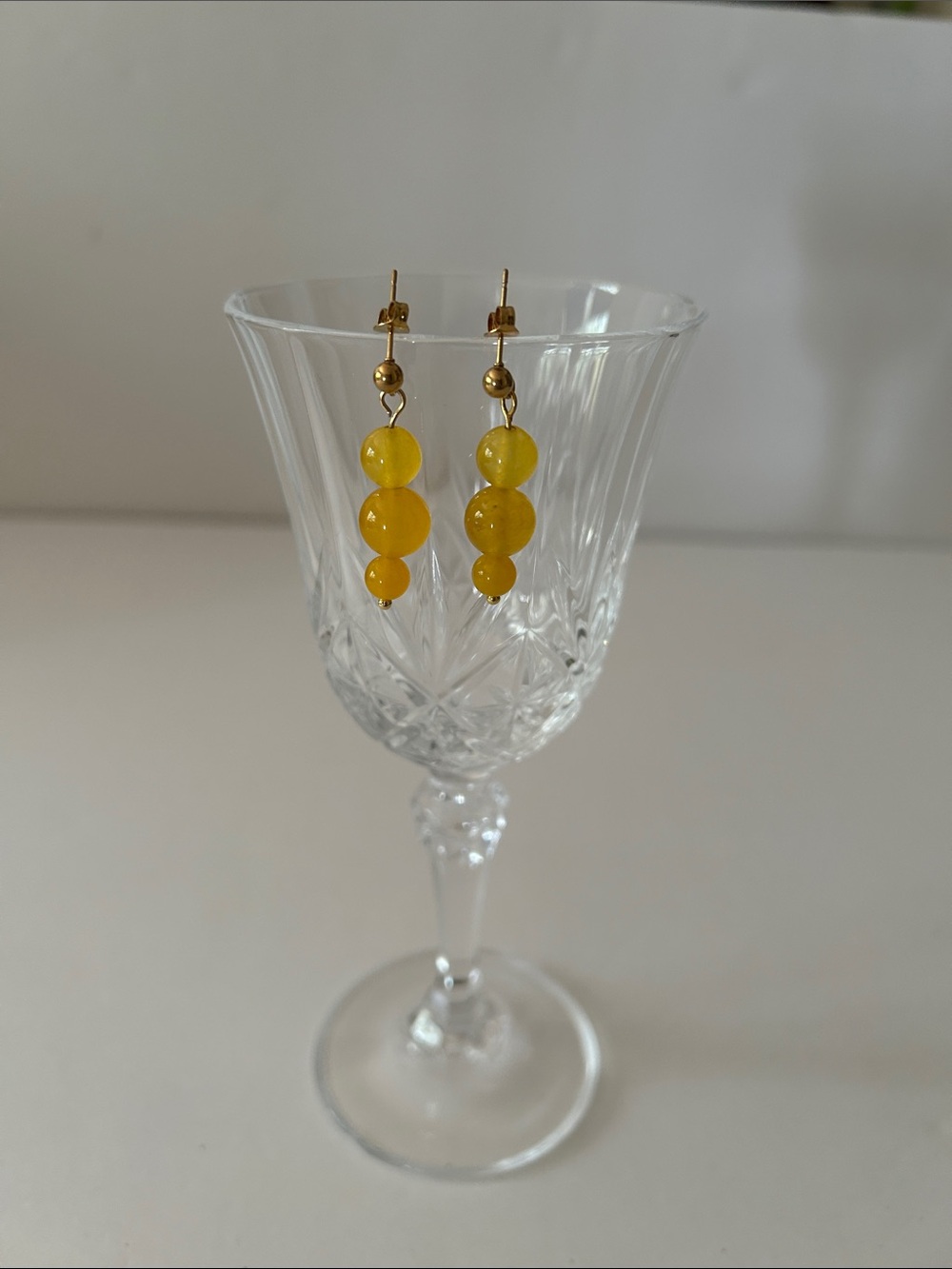 Yellow Bead Drop Earrings with Gold Accents - Women Jewelry